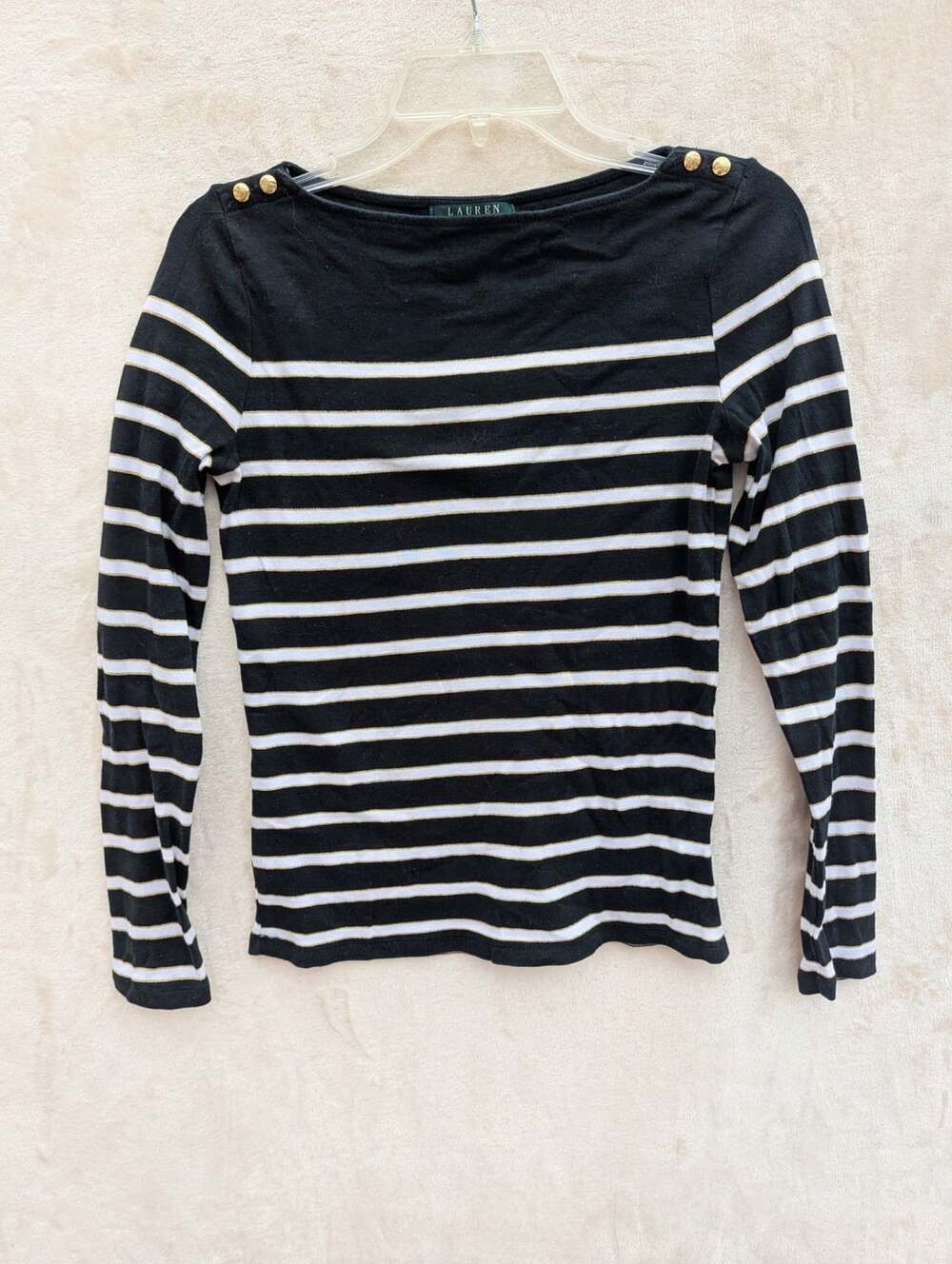 Lauren Ralph Lauren Petite Black and White Striped Long Sleeve Boatneck Top with
